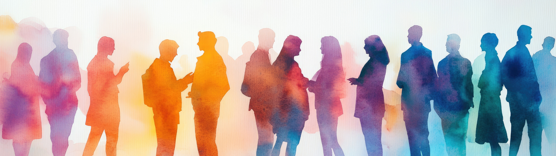 Different colored silhouettes of people standing around in a row