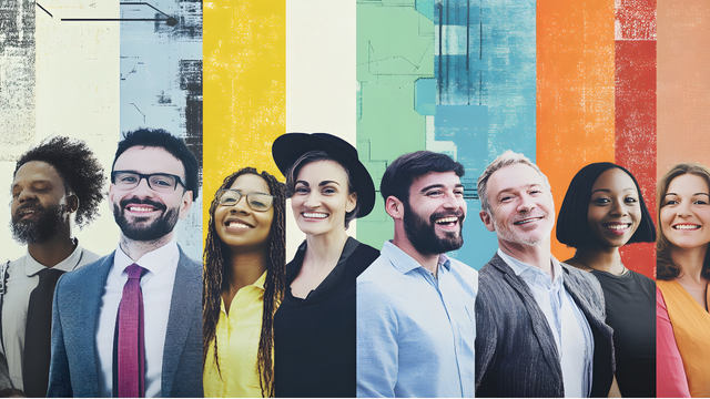 Portraits of diverse people in a row