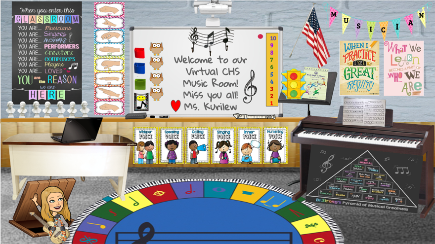 Virtual music classroom with blackboard that reads "Welcome to our virtual CHS music room! Miss you all! Ms. Kurilew"