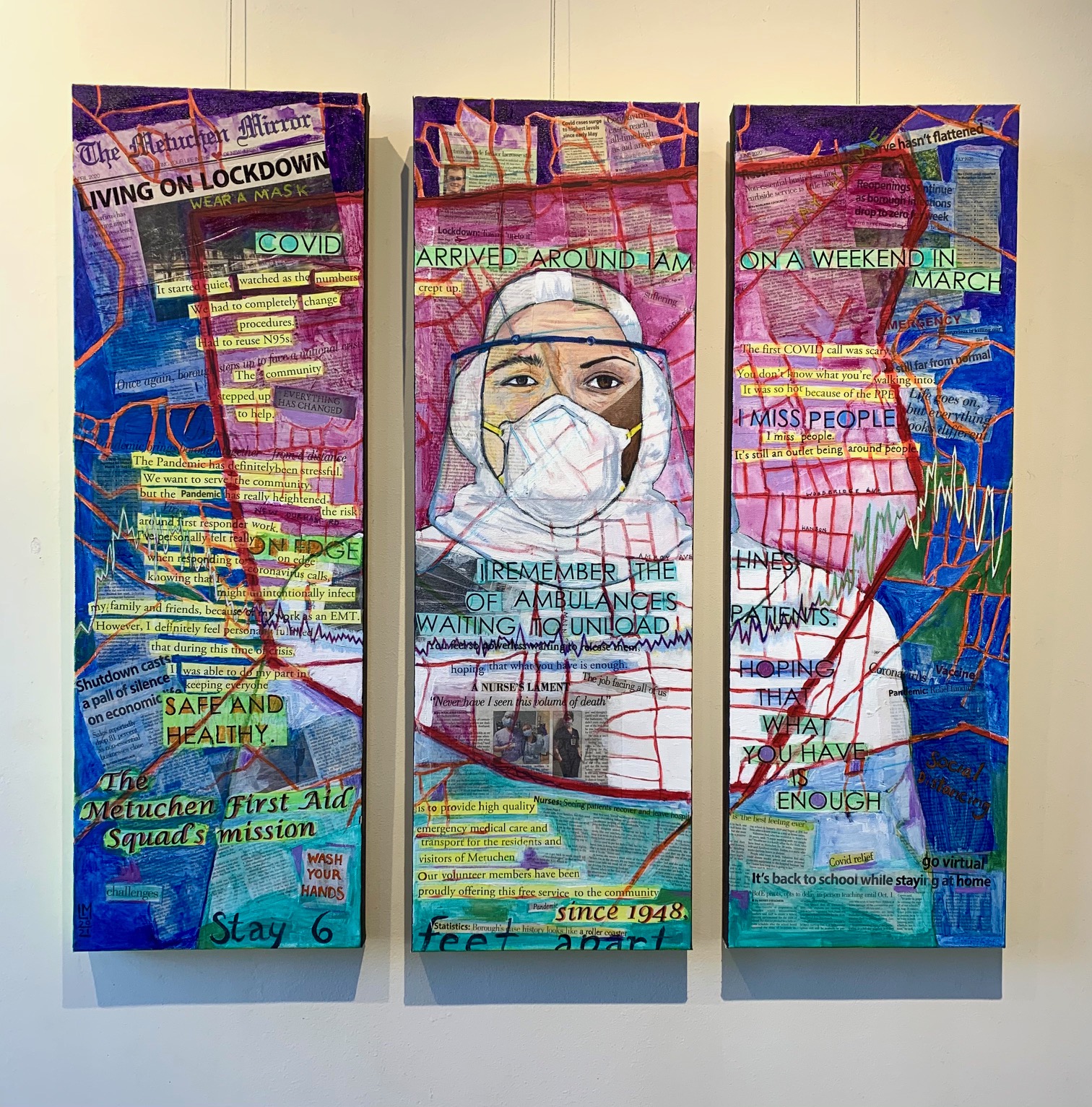 Three piece canvas artwork. A person in full PPE can be seen at center