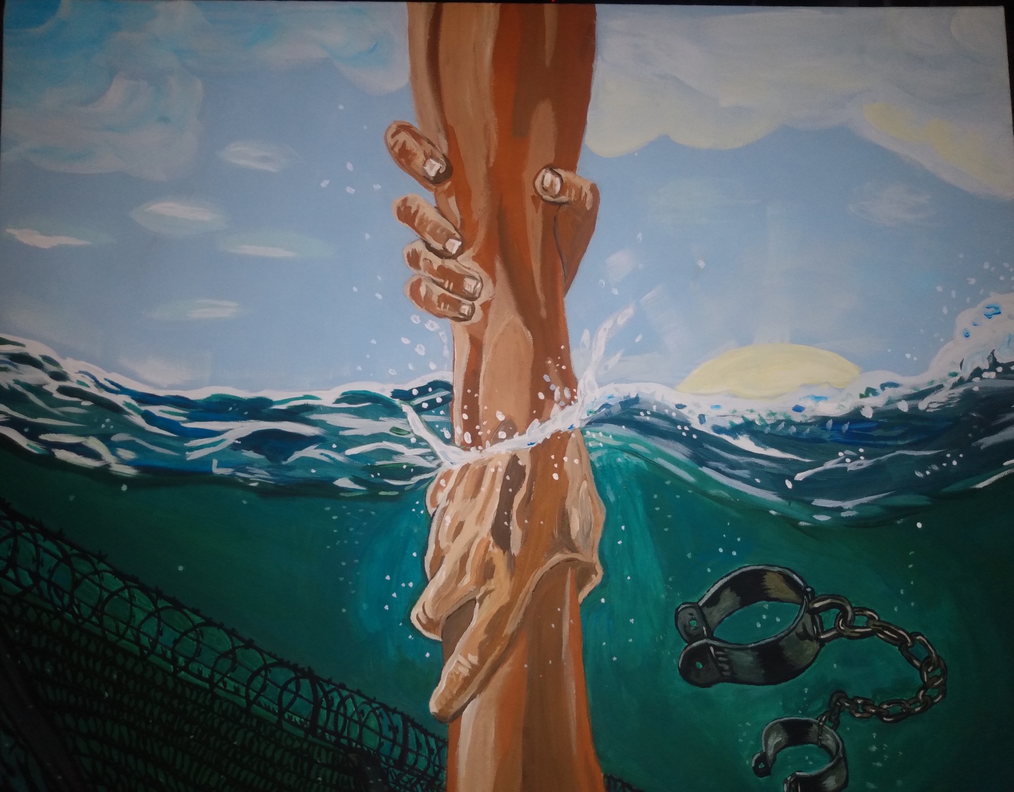 Hiawatha Cuffee, "Rise." Painting of a hand reaching into water and grasping another hand. A shackle can be seen under the water.
